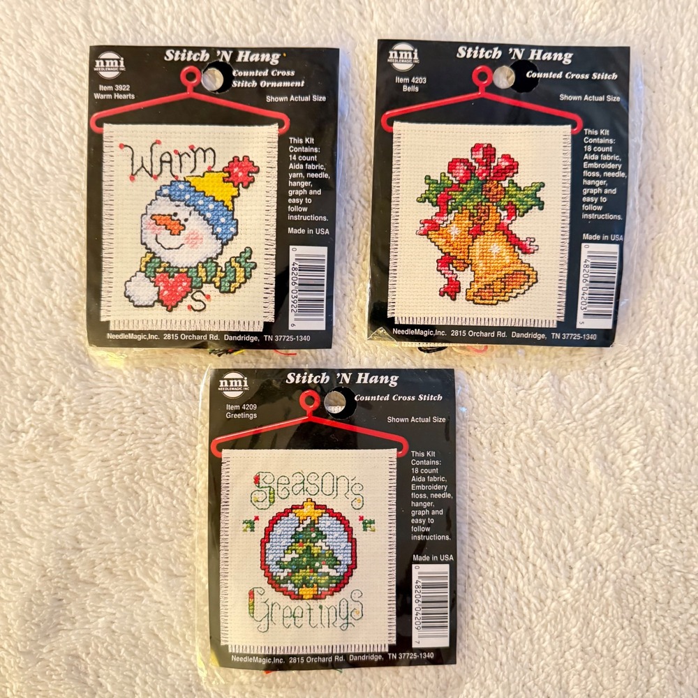 Lot 3 NeedleMagic Stitch N Hang Counted Cross Stitch Ornament Kits Snowman Tree